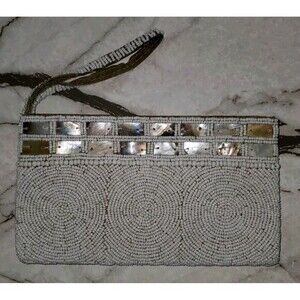 Vintage Beaded Clutch Evening Bag White‎ Mother of Pearl Party Purse